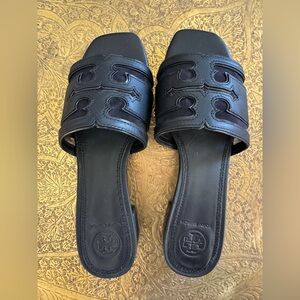 Tory Burch Sz 5.5M Stitched Slide Leather Mesh Patent Slide Sandals Black EUC